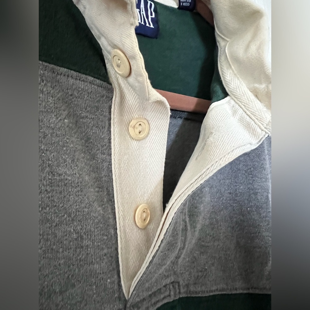 Vintage GAP Men’s Green Gray Striped Rugby Shirt Cream Collar Medium 100% Cotton - Picture 9 of 12